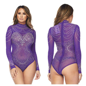 Sexy Purple Rhinestone Body Suit