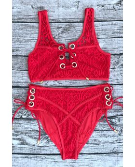 Red Front Strap Side Tie Lace 2 Piece